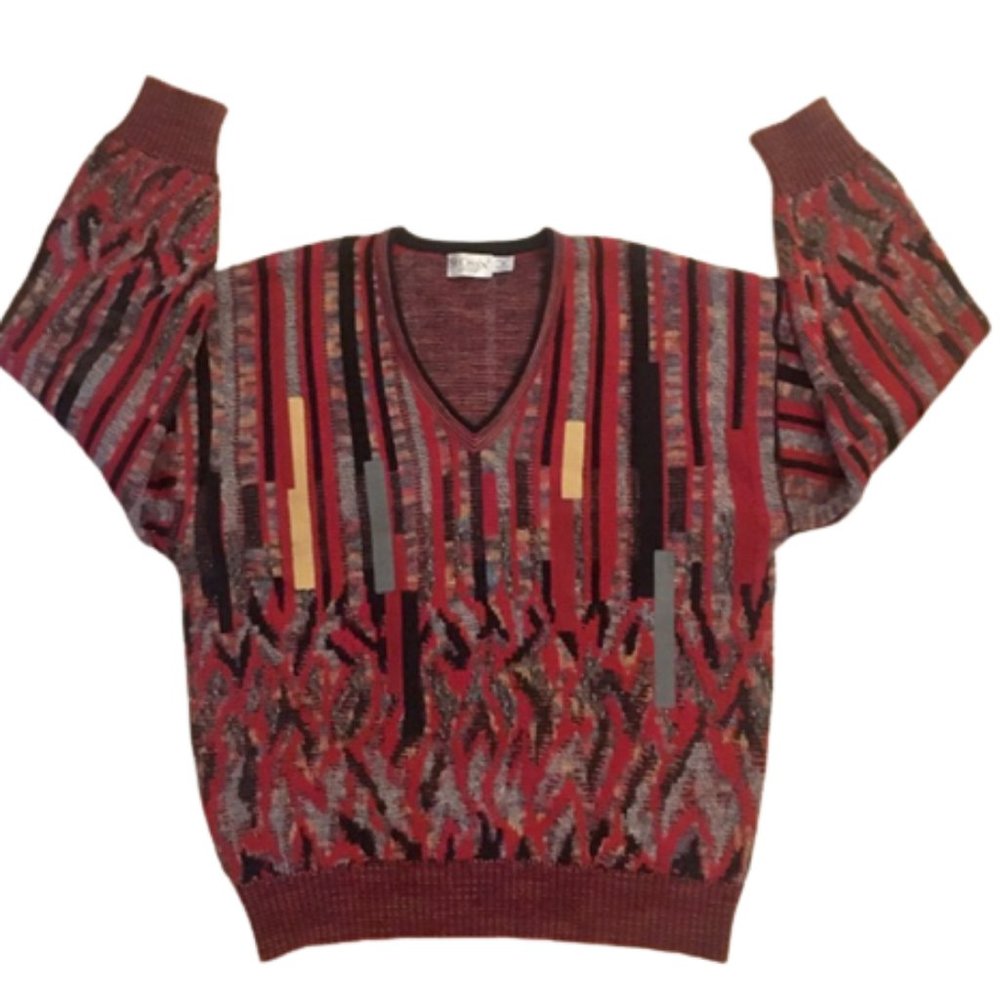 Sweater St. Croix Knits Fun Wild Colors Pattern V Neck Wool Acrylic Unisex